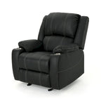Fauteuil inclinable manuel contemporain noir avec porte-gobelets en acier, revêtement en similicuir PU moelleux, inclinaison réglable