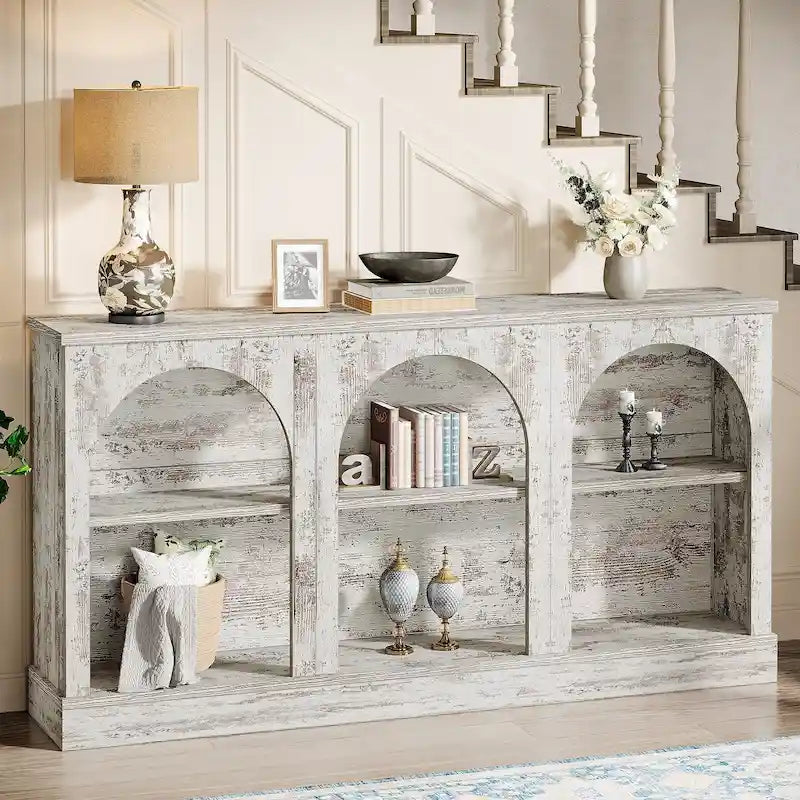 Table console de ferme blanche / marron / noire, 3 étagères, 160 cm de large, entrée et salon