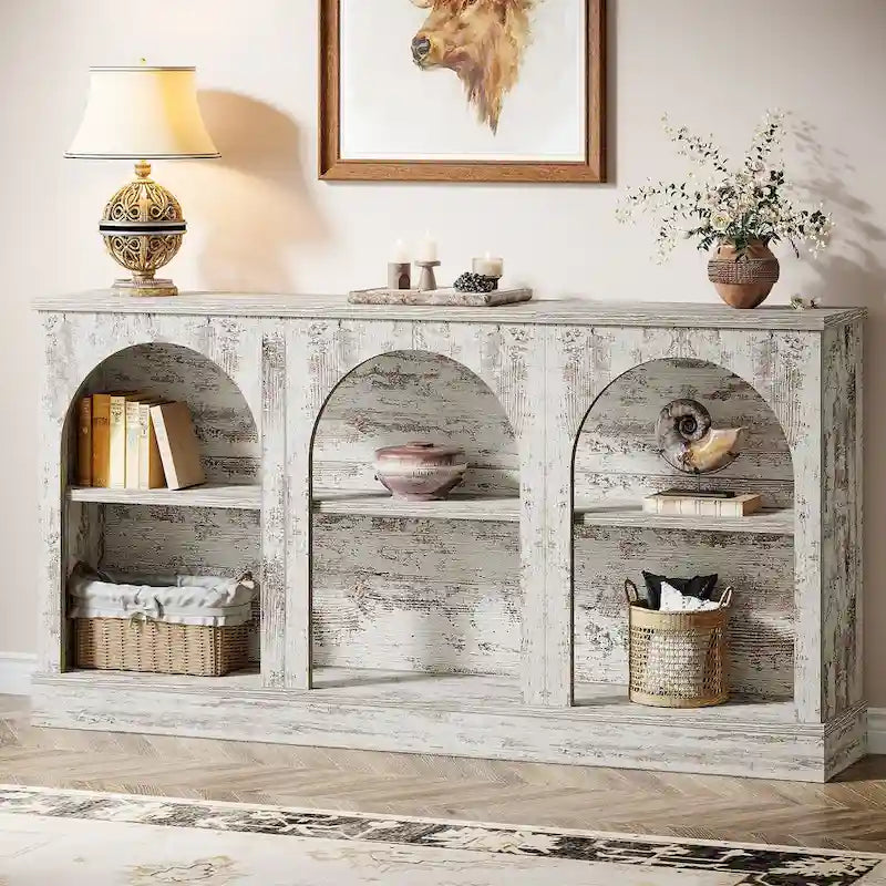 Table console de ferme blanche / marron / noire, 3 étagères, 160 cm de large, entrée et salon