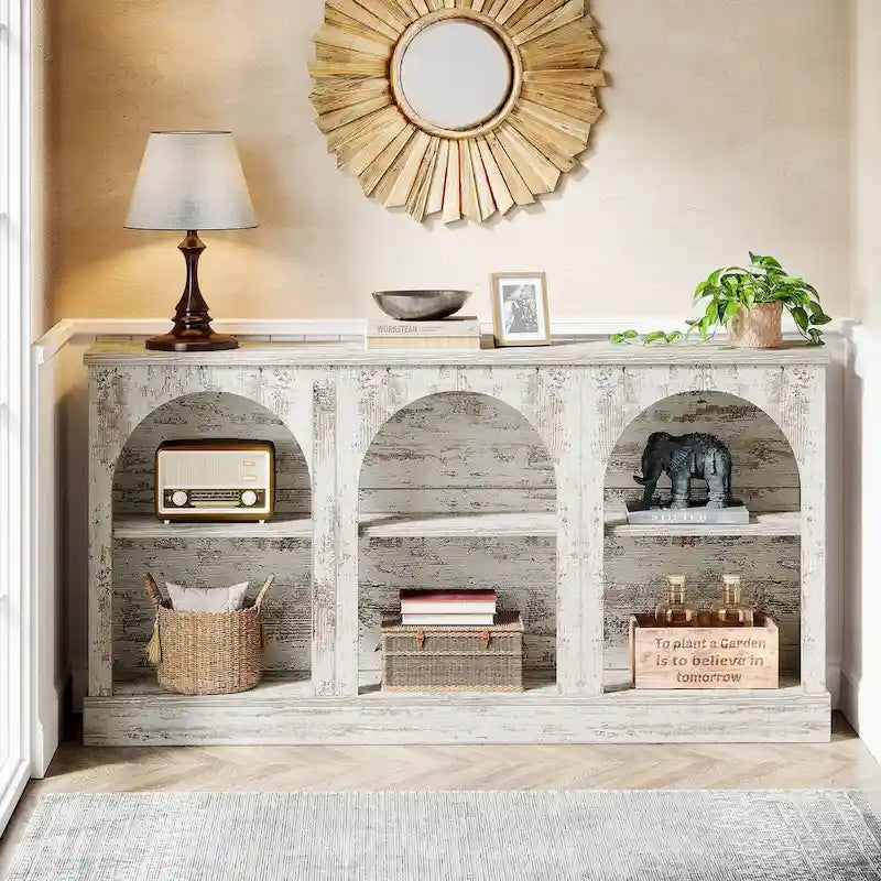 Table console de ferme blanche / marron / noire, 3 étagères, 160 cm de large, entrée et salon