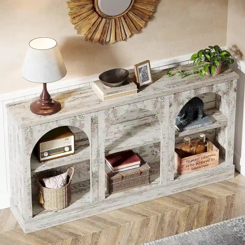 Table console de ferme blanche / marron / noire, 3 étagères, 160 cm de large, entrée et salon