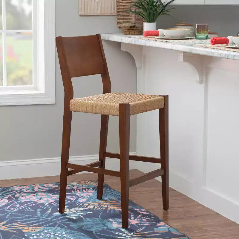Lot de 2 tabourets de bar 29" Clara en jonc de mer tressé finition bois brun - Powell