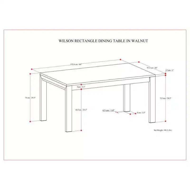 Table de salle à manger rectangulaire Saige WyndenHall, placage noyer : style contemporain, 6 places, non extensible