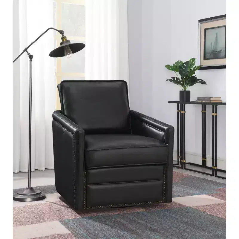 Fauteuil d'appoint Rocha 76 cm Cuir Aire Noir : Pivotant, Coussins amovibles, Similicuir, Cadre en bois, Style contemporain