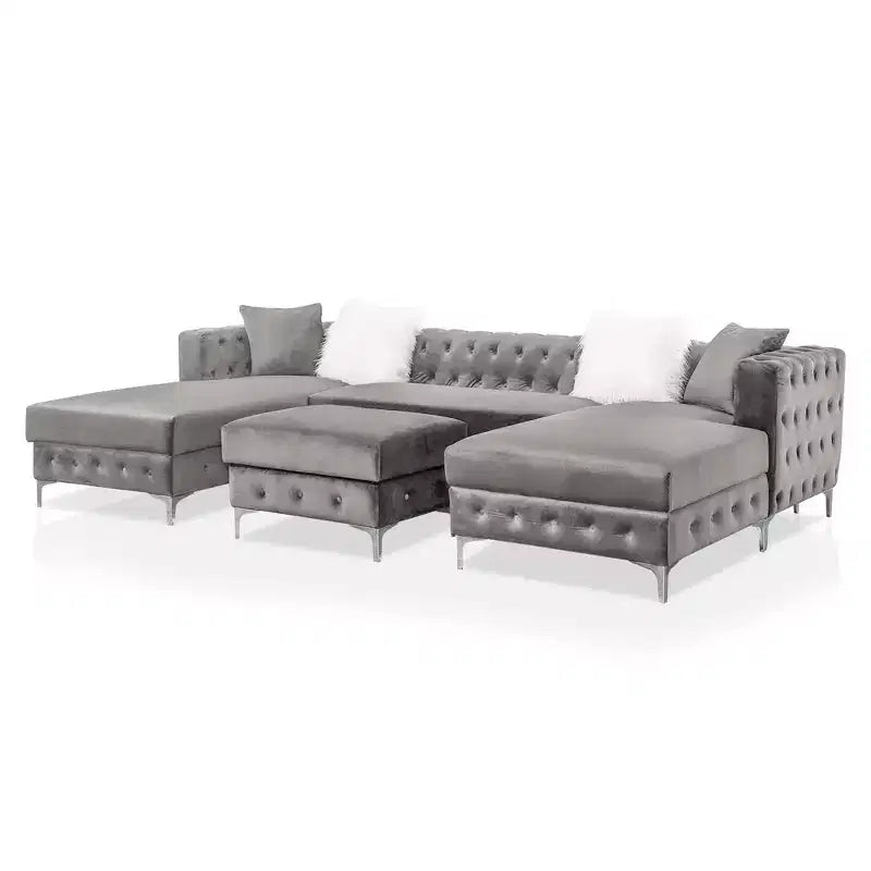 HOMES: Inside + Out Elmhurst U Shaped Deep Button Tufted Sectional with Ottoman Gray : Modular, Transitional Style Sofa