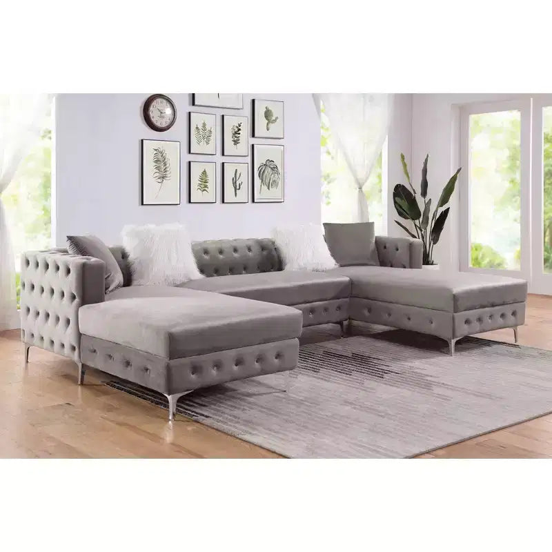 HOMES: Inside + Out Canapé d'angle en U capitonné Elmhurst avec pouf gris : Canapé modulable de style transitionnel