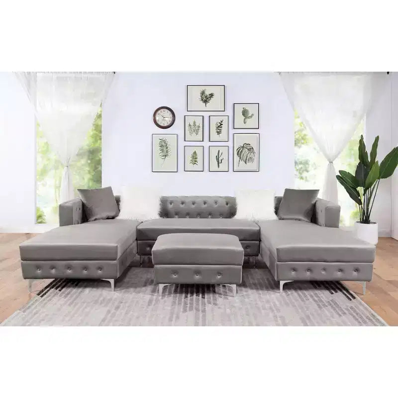 HOMES: Inside + Out Canapé d'angle en U capitonné Elmhurst avec pouf gris : Canapé modulable de style transitionnel