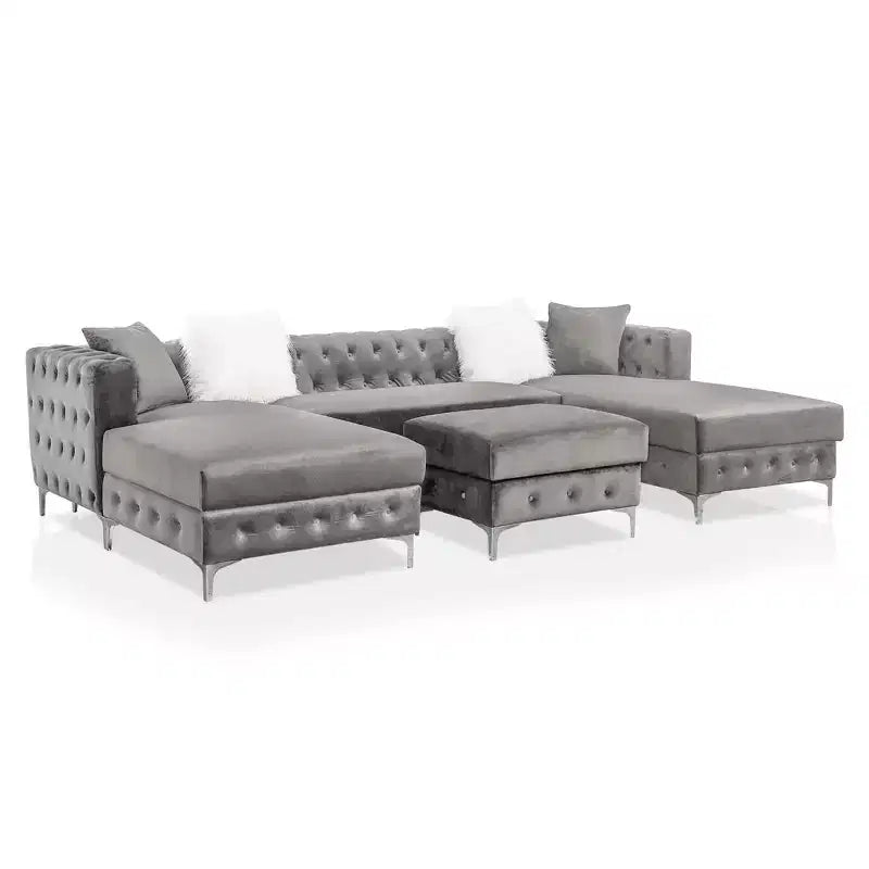 HOMES: Inside + Out Canapé d'angle en U capitonné Elmhurst avec pouf gris : Canapé modulable de style transitionnel