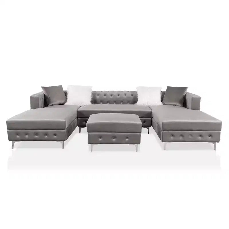 HOMES: Inside + Out Canapé d'angle en U capitonné Elmhurst avec pouf gris : Canapé modulable de style transitionnel