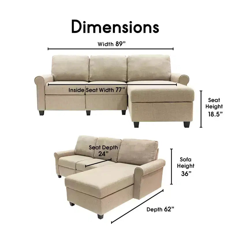 Canapé d'angle inclinable Copenhague Serta avec méridienne de rangement à droite beige : Revêtement en microfibre, structure en bois, nettoyage localisé
