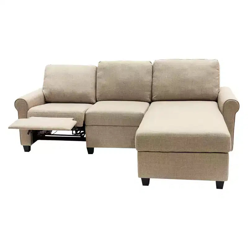 Canapé d'angle inclinable Copenhague Serta avec méridienne de rangement à droite beige : Revêtement en microfibre, structure en bois, nettoyage localisé