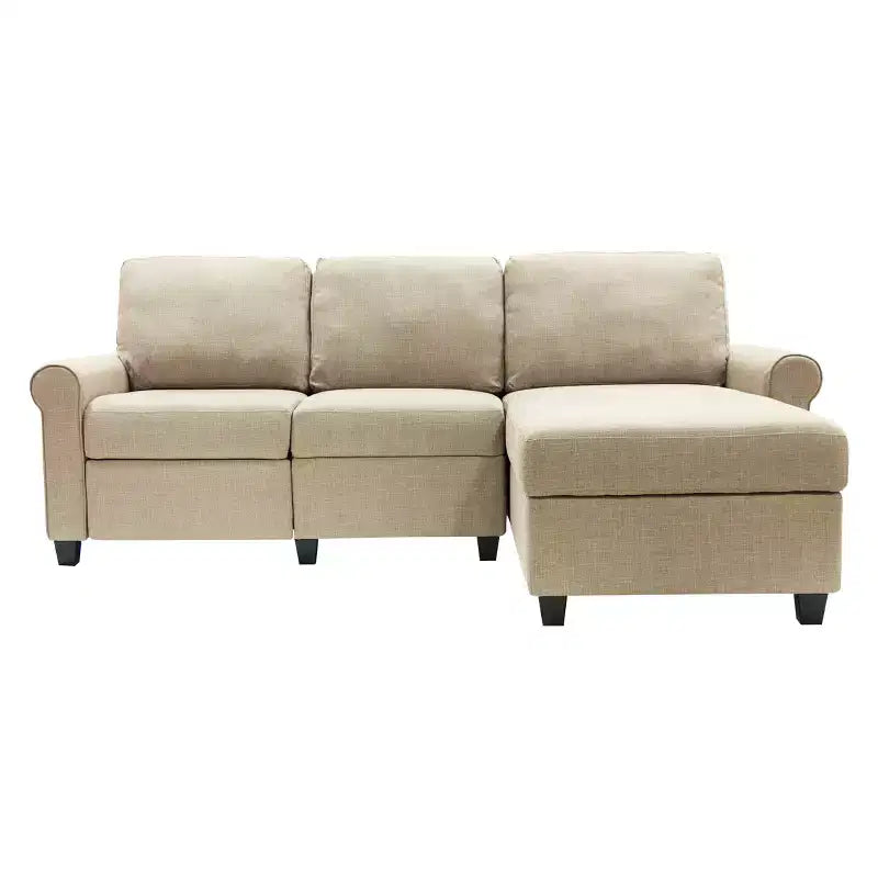 Canapé d'angle inclinable Copenhague Serta avec méridienne de rangement à droite beige : Revêtement en microfibre, structure en bois, nettoyage localisé
