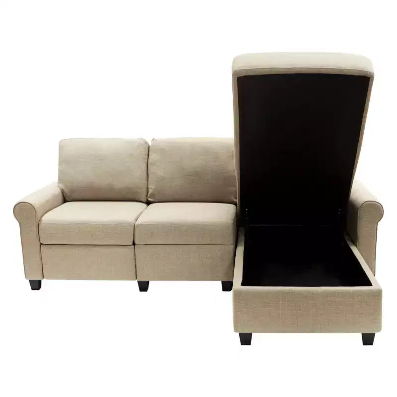Canapé d'angle inclinable Copenhague Serta avec méridienne de rangement à droite beige : Revêtement en microfibre, structure en bois, nettoyage localisé