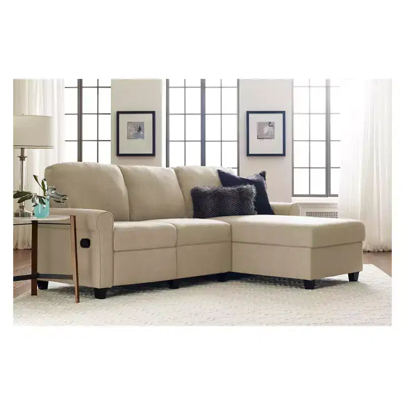 Canapé d'angle inclinable Copenhague Serta avec méridienne de rangement à droite beige : Revêtement en microfibre, structure en bois, nettoyage localisé
