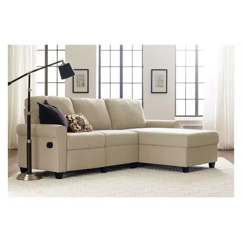 Canapé d'angle inclinable Copenhague Serta avec méridienne de rangement à droite beige : Revêtement en microfibre, structure en bois, nettoyage localisé