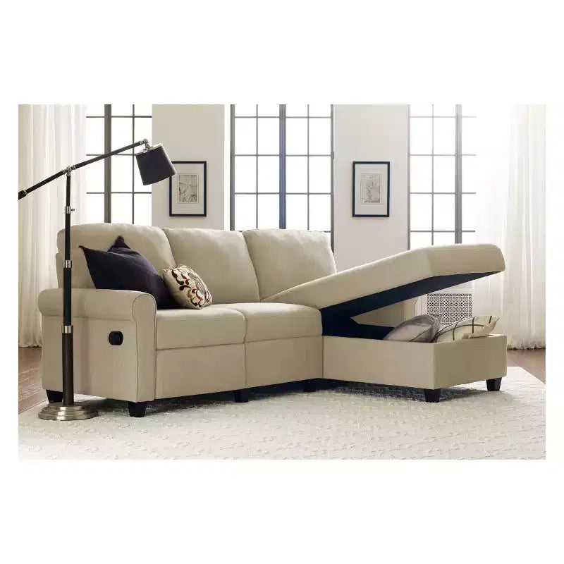 Canapé d'angle inclinable Copenhague Serta avec méridienne de rangement à droite beige : Revêtement en microfibre, structure en bois, nettoyage localisé