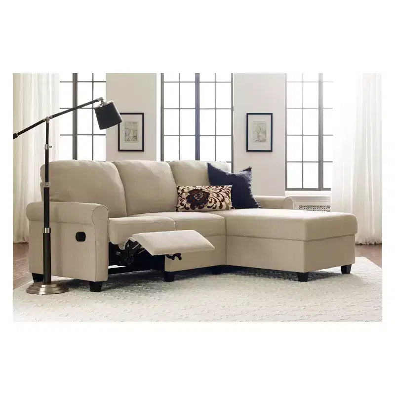 Canapé d'angle inclinable Copenhague Serta avec méridienne de rangement à droite beige : Revêtement en microfibre, structure en bois, nettoyage localisé