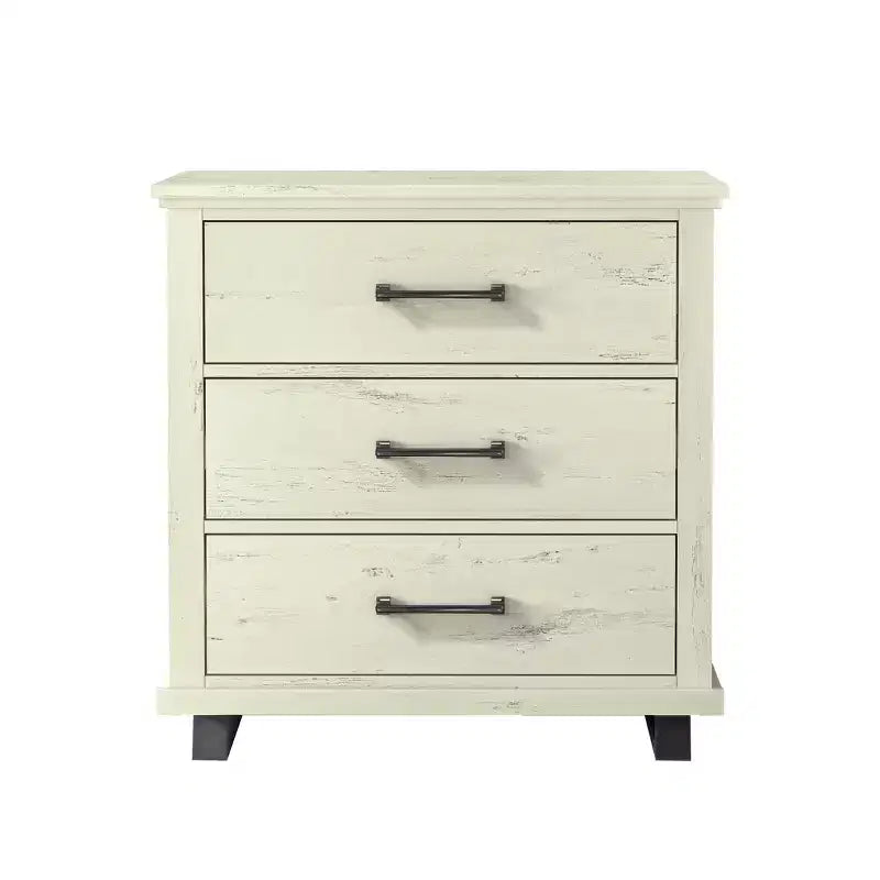Commode Festivo 3 pièces contemporaine 24 po à 5 tiroirs et table de nuit à 3 tiroirs, blanc cassé aspect scié : MDF, pieds en métal, dispositif anti-basculement