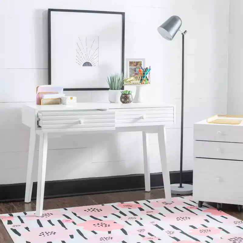 Bureau moderne du milieu du siècle à 2 tiroirs Wedeln 42 po, finition bois blanc - Powell : Meubles de bureau à domicile