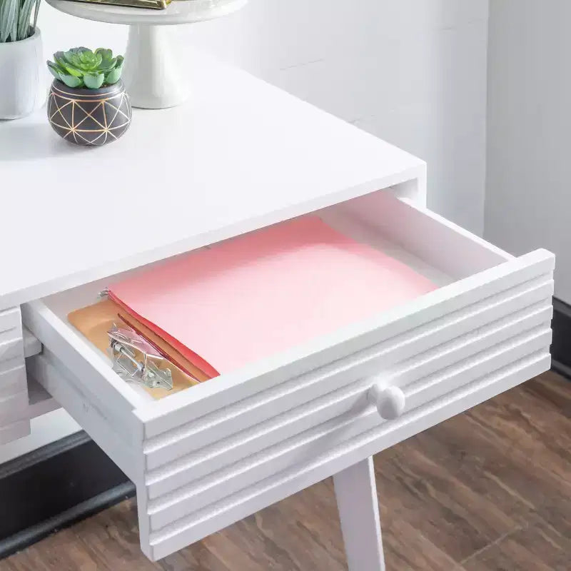 Bureau moderne du milieu du siècle à 2 tiroirs Wedeln 42 po, finition bois blanc - Powell : Meubles de bureau à domicile