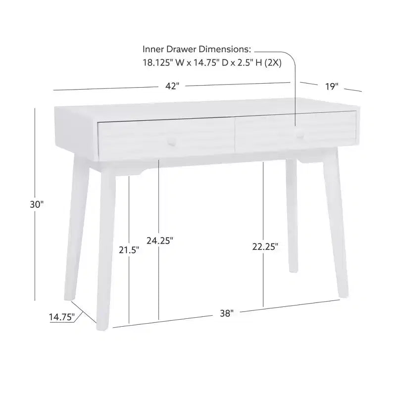 Bureau moderne du milieu du siècle à 2 tiroirs Wedeln 42 po, finition bois blanc - Powell : Meubles de bureau à domicile