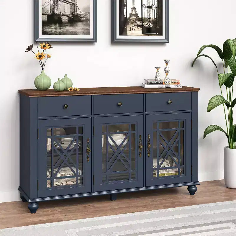 Buffet de salle à manger Festivo 55" de style vintage avec tiroirs, couleur bleu marine