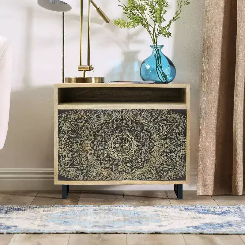 Kismire Bohemian Solid Mango Wood Accent Cabinet with Screen Printed Pattern Natural - HOMES: Inside + Out : Rangement et Style