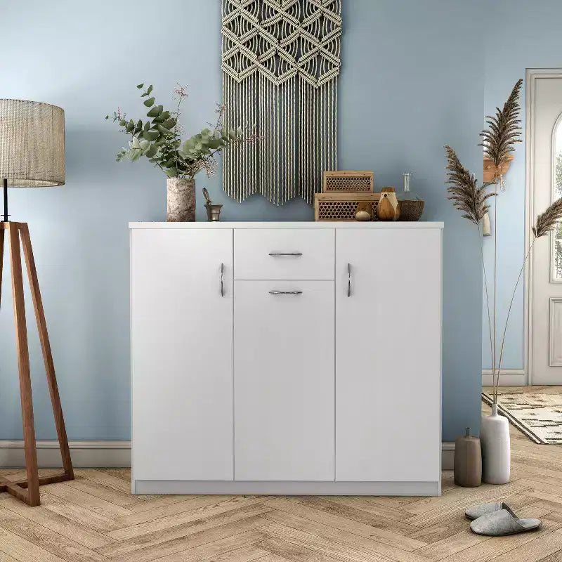 miBasics Beammoon Meuble à chaussures moderne 1 tiroir avec 11 étagères blanc : Peut contenir jusqu'à 30 paires, placage de bois MDF, rangement réglable