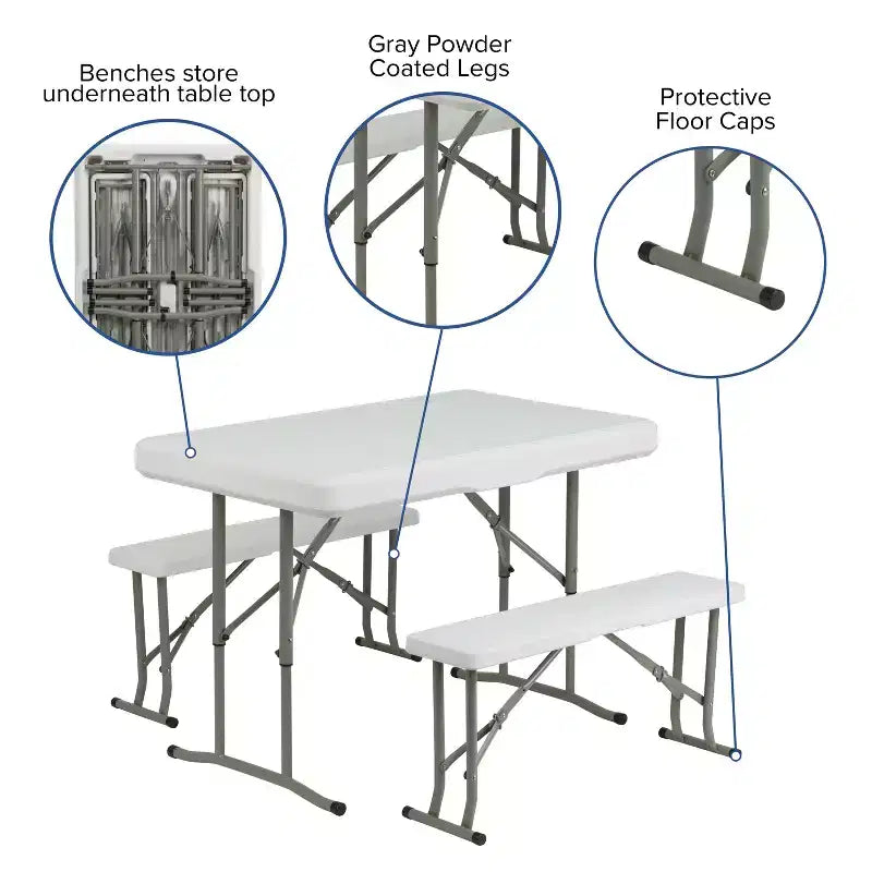 Ensemble table et bancs pliants portables en plastique 3 pièces Emma et Oliver