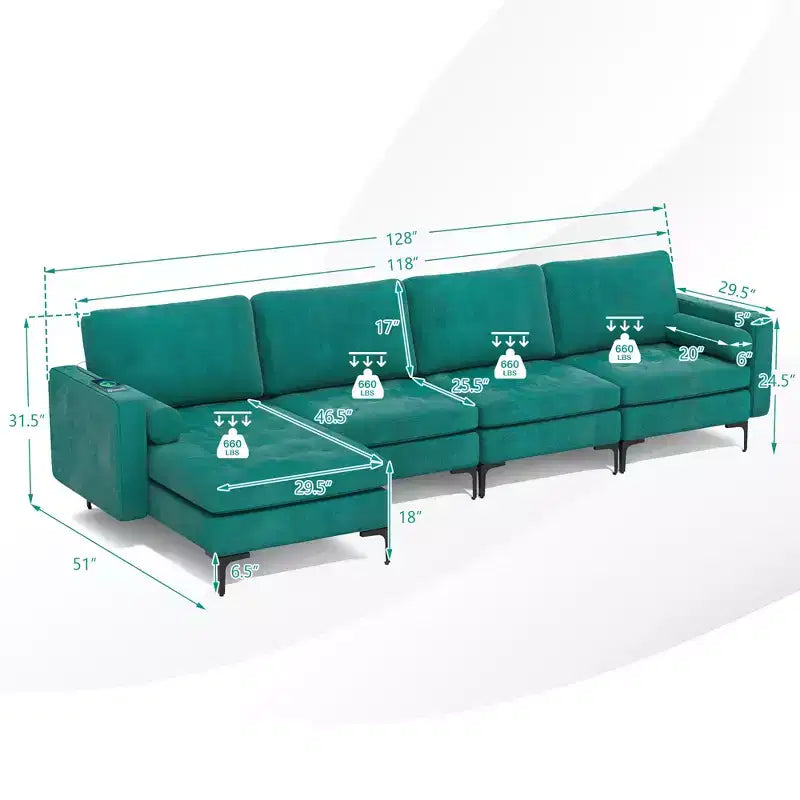 Canapé d'angle modulable Costway avec méridienne réversible et 4 ports USB, coloris sarcelle
