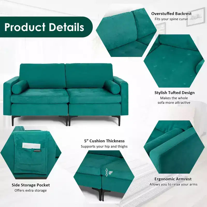 Causeuse moderne 2 places Costway avec 2 traversins et poche latérale de rangement, sarcelle