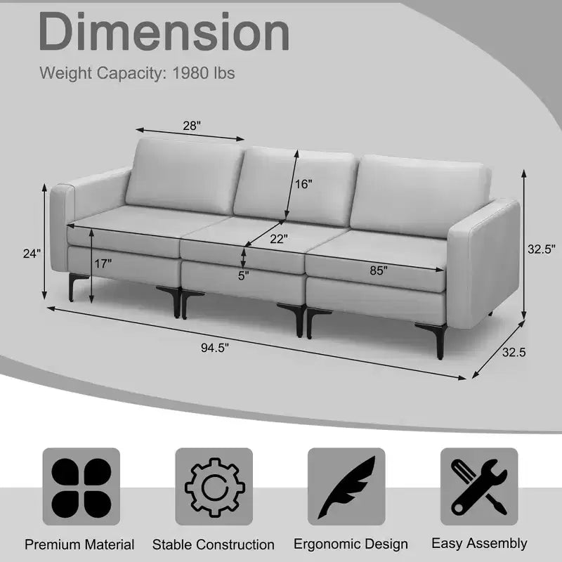 Canapé modulaire 3 places Costway avec ports USB et poche latérale de rangement