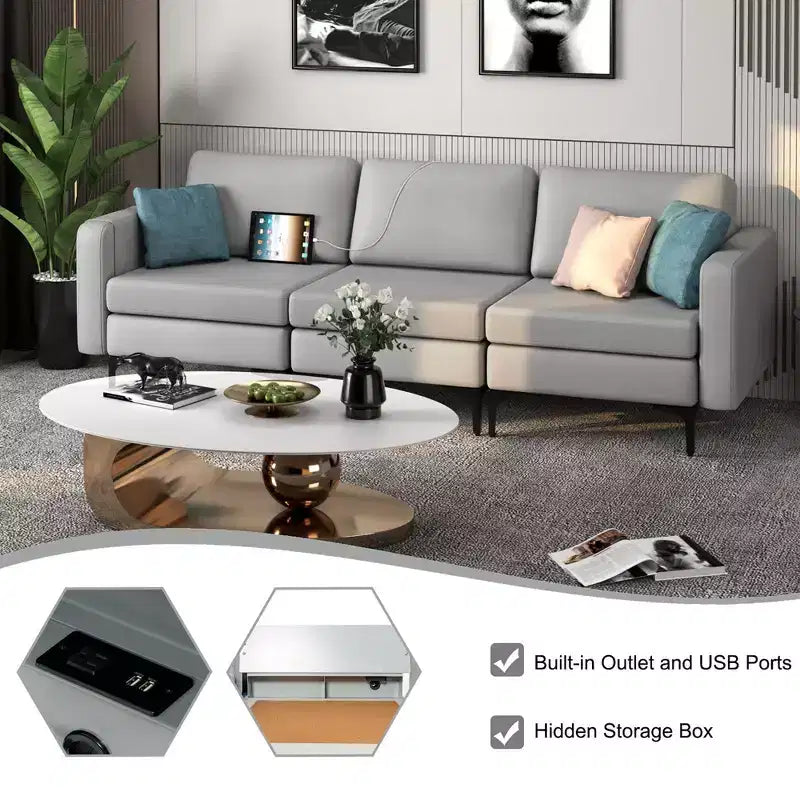 Canapé modulaire 3 places Costway avec ports USB et poche latérale de rangement