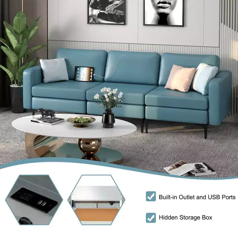 Canapé modulaire 3 places Costway avec ports USB et poche latérale de rangement