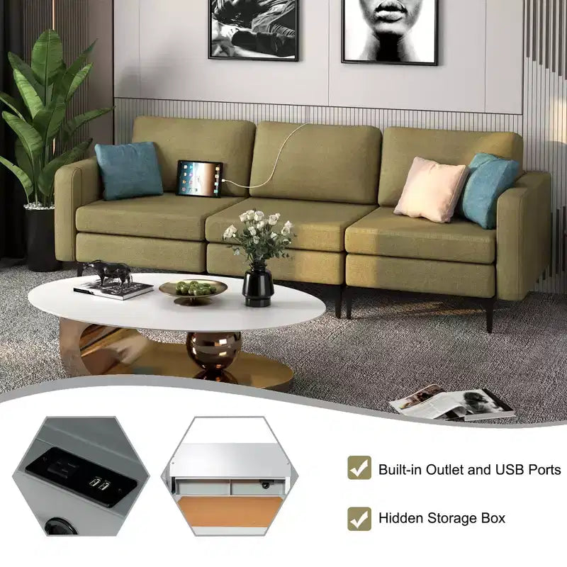 Canapé modulable 3 places Costway avec prise, ports USB et pochette de rangement latérale orange/gris foncé