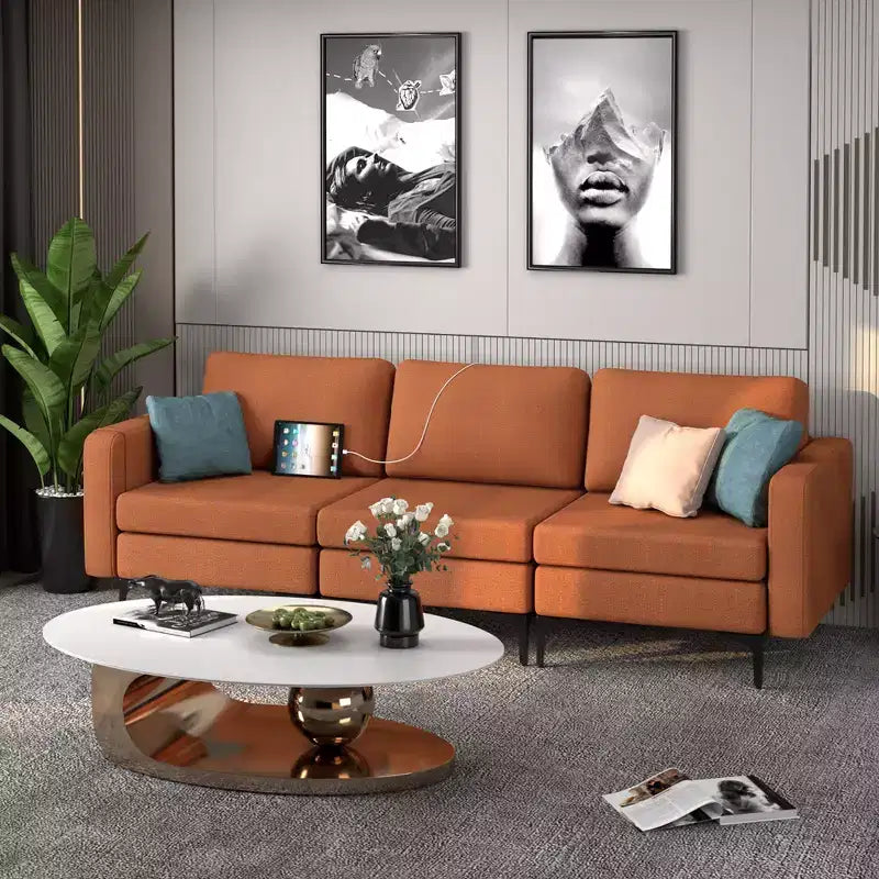 Canapé modulable 3 places Costway avec prise, ports USB et pochette de rangement latérale orange/gris foncé