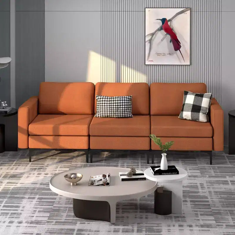 Canapé modulable 3 places Costway avec prise, ports USB et pochette de rangement latérale orange/gris foncé