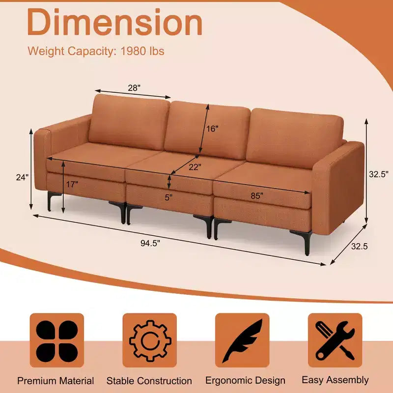 Canapé modulable 3 places Costway avec prise, ports USB et pochette de rangement latérale orange/gris foncé