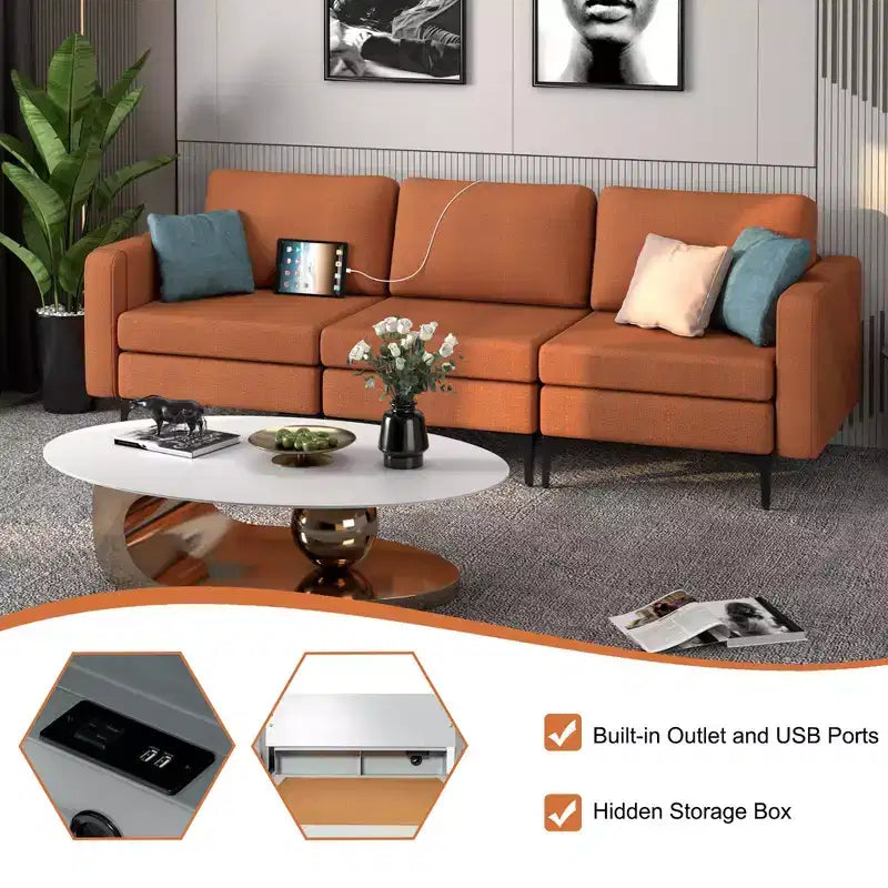 Canapé modulable 3 places Costway avec prise, ports USB et pochette de rangement latérale orange/gris foncé