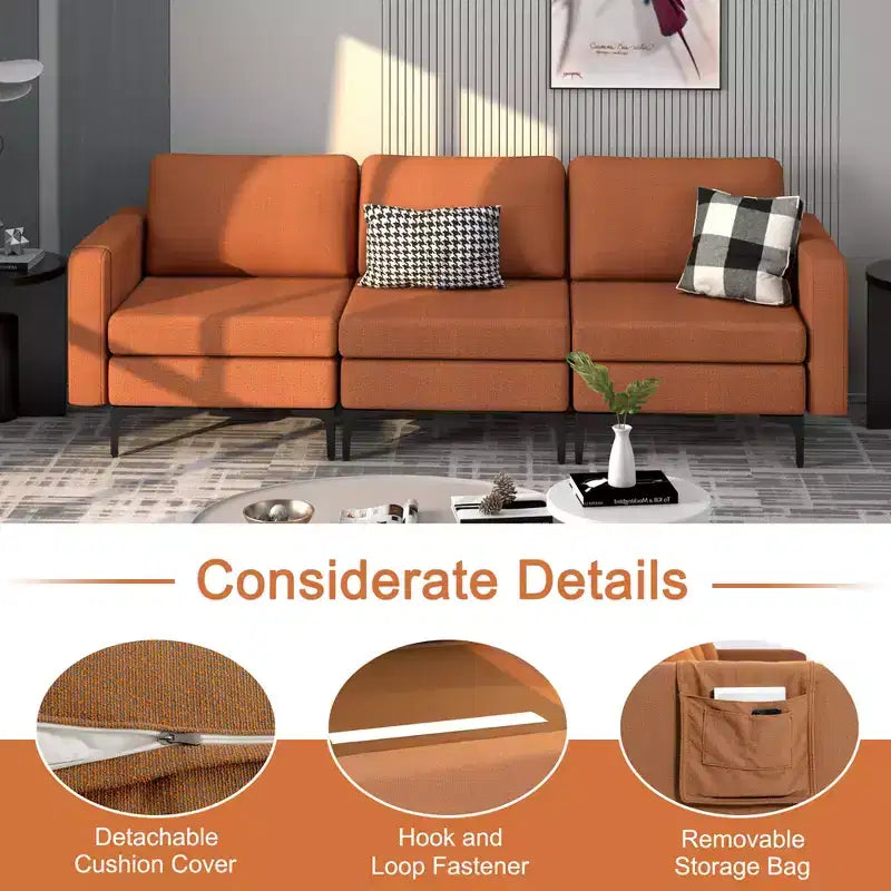 Canapé modulable 3 places Costway avec prise, ports USB et pochette de rangement latérale orange/gris foncé