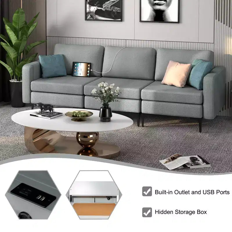 Canapé modulable 3 places Costway avec prise, ports USB et pochette de rangement latérale orange/gris foncé