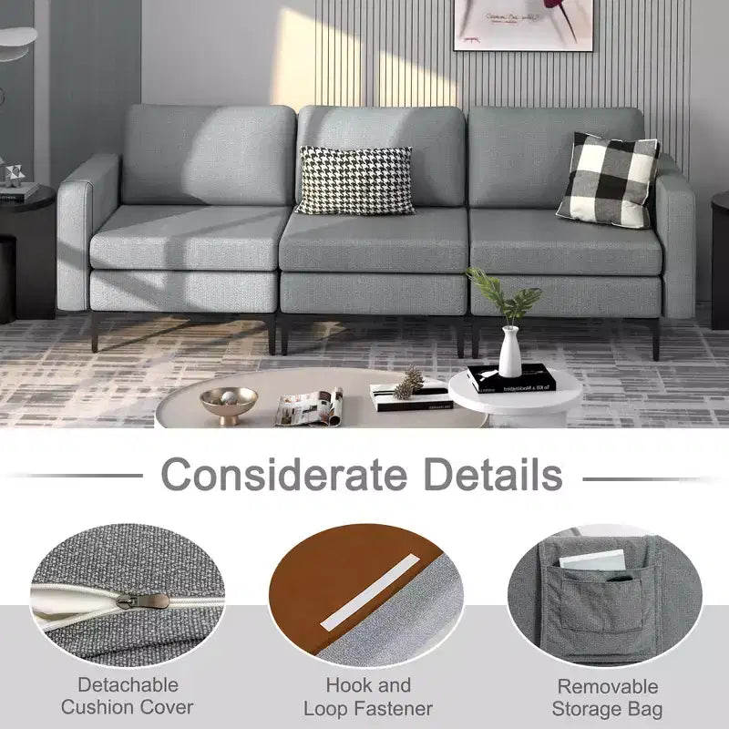 Canapé modulable 3 places Costway avec prise, ports USB et pochette de rangement latérale orange/gris foncé