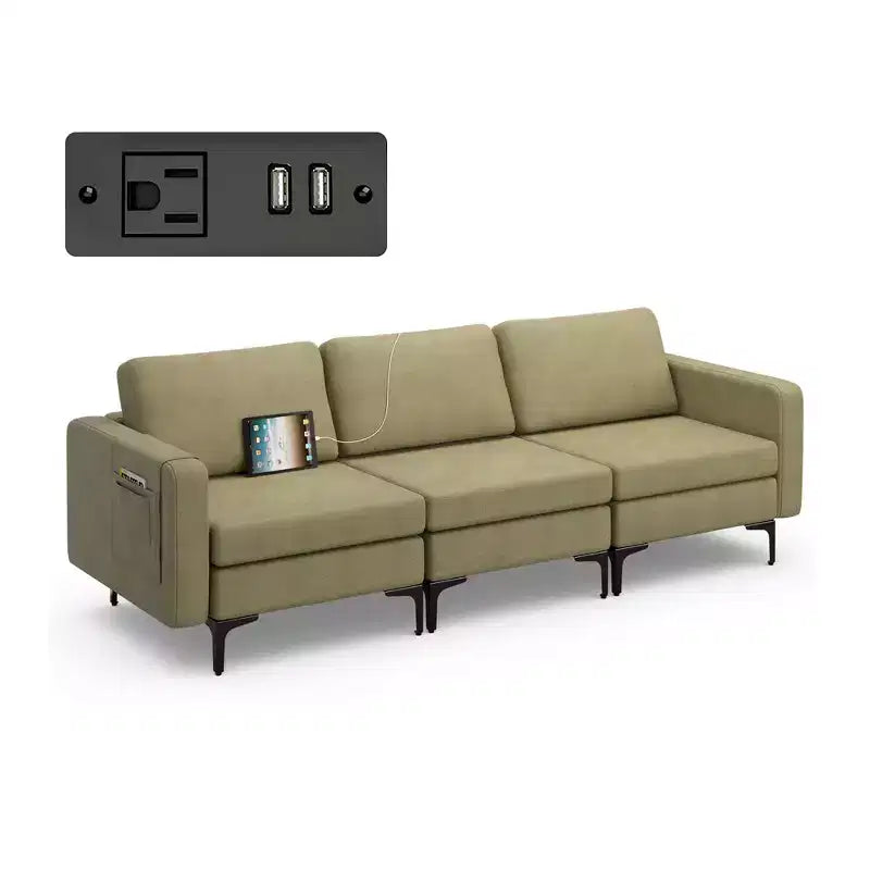 Canapé modulable 3 places Costway avec prise, ports USB et pochette de rangement latérale orange/gris foncé