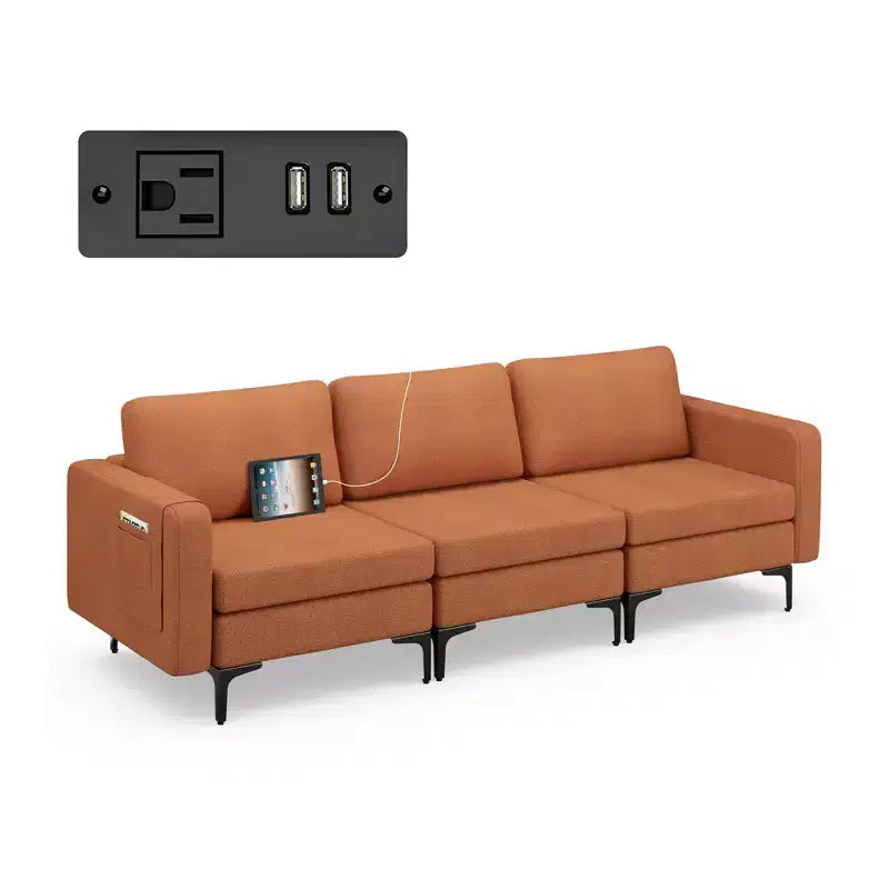 Canapé modulable 3 places Costway avec prise, ports USB et pochette de rangement latérale orange/gris foncé
