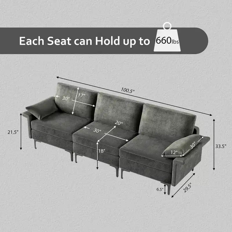 Costway Canapé modulable moderne en tissu 3 places, meuble de salon avec pieds en métal, bleu/gris