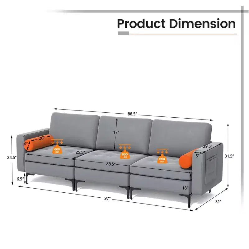 Costway Canapé Modulable 3 Places Moderne avec Pochette de Rangement Latérale et Pieds en Métal Gris Cendré