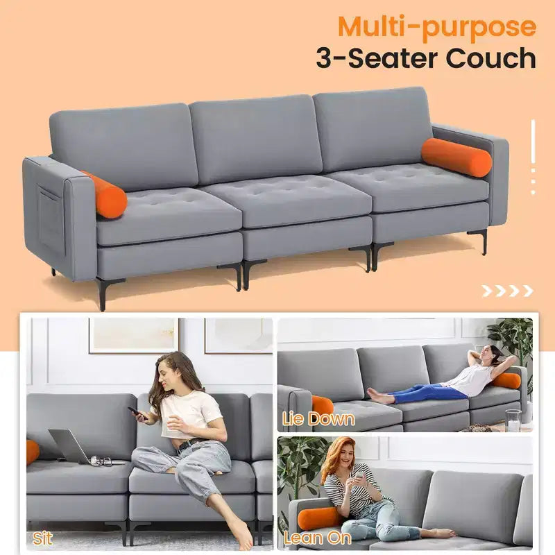 Costway Canapé Modulable 3 Places Moderne avec Pochette de Rangement Latérale et Pieds en Métal Gris Cendré