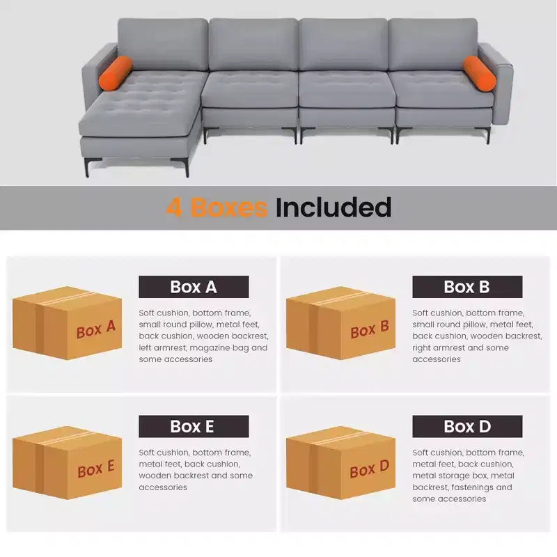 Costway Canapé modulable sectionnel extra large 4 places avec méridienne réversible et 2 ports USB Gris cendré