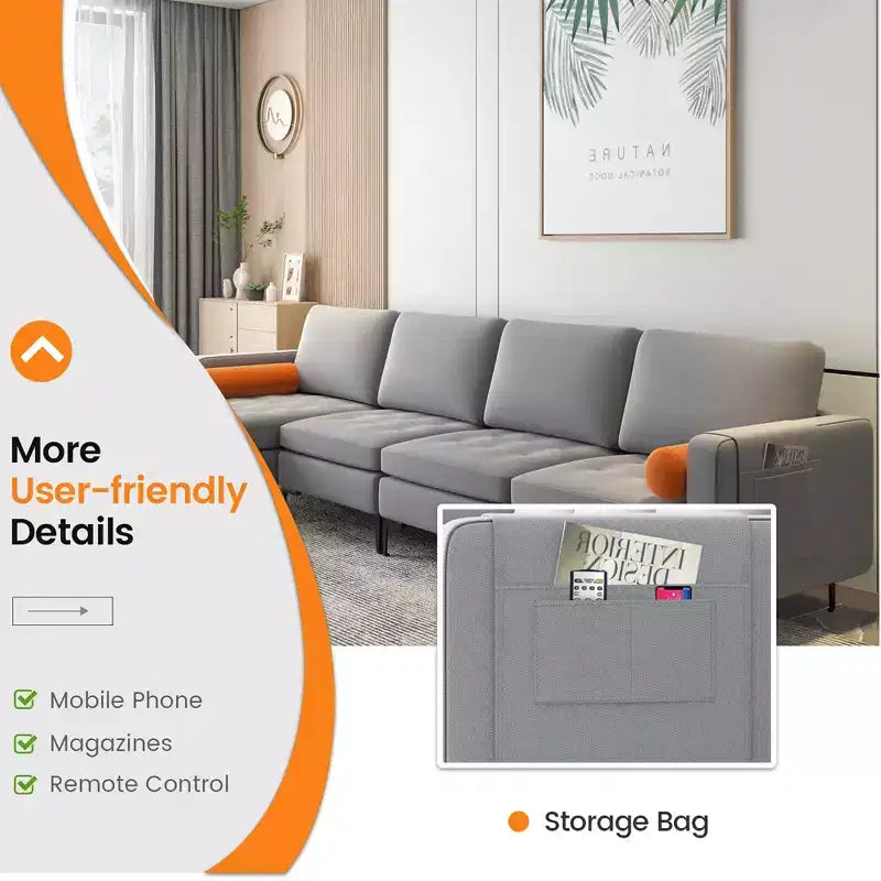 Costway Canapé modulable sectionnel extra large 4 places avec méridienne réversible et 2 ports USB Gris cendré