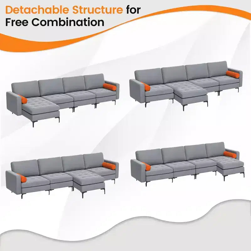 Costway Canapé modulable sectionnel extra large 4 places avec méridienne réversible et 2 ports USB Gris cendré
